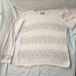 Cream and Gold Floral Pattern Knit Sweater
